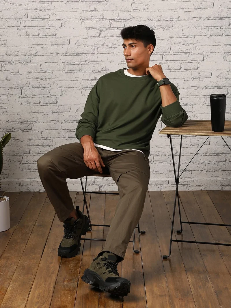 NOBERO Olive Green Oversized Sweatshirt for Men