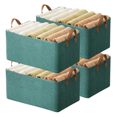 AARAINBOW 4 Pcs Closet Clothes Organizer with Handle Fabric storage Box with Steel Frame Stackable Shelf Storage Baskets Foldable Storage Baskets for Organizing Clothes Jeans 23L 4 Green - Image 1