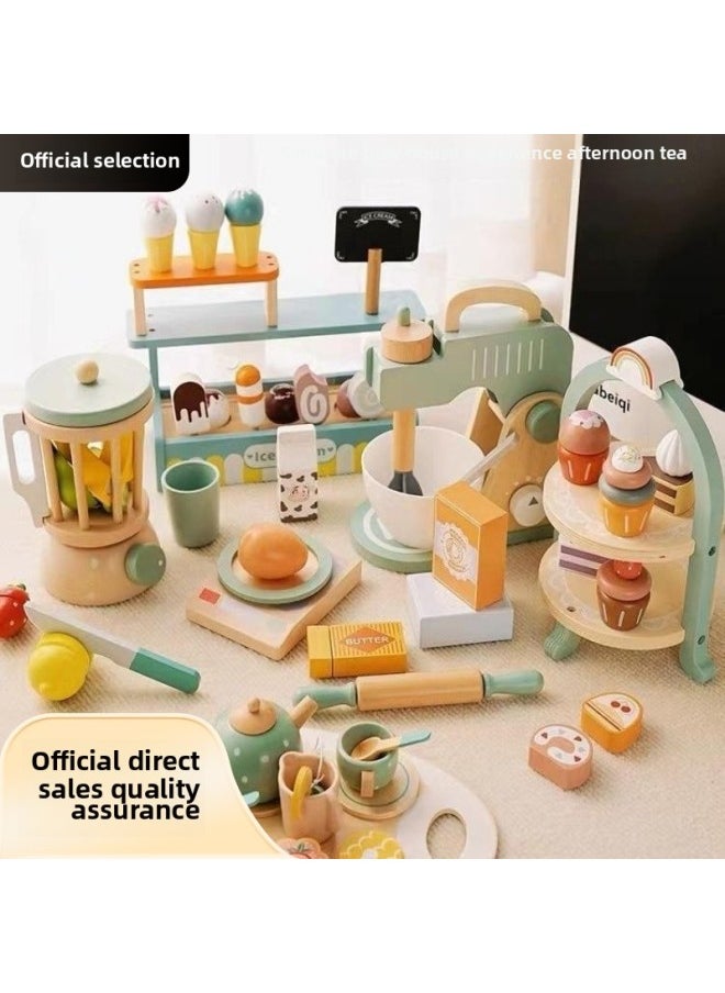 CE Wooden Children's Kitchen Toy Simulation Vegetable And Fruit Sala Coffee Bread Maker For Boys And Girls Play House Suit Gifts-Color:Kb-ice Cream Shop 1.5kg (en71, Cpc)