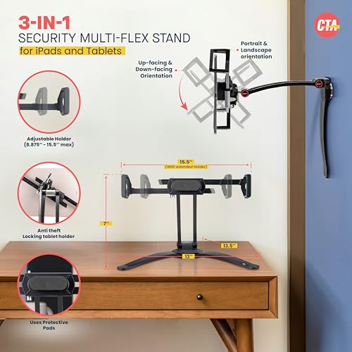 CTA Digital Stand and Wall Mount – CTA Security 2-in-1 Multi-Flex Tablet Stand & Wall Mount with Locking Tablet Holder & 2 Mount Bases for iPad 10th Gen 10.9" - iPad 7/8/9 Gen 10.2" & More - Black (PAD-SKMSB) - Image 2