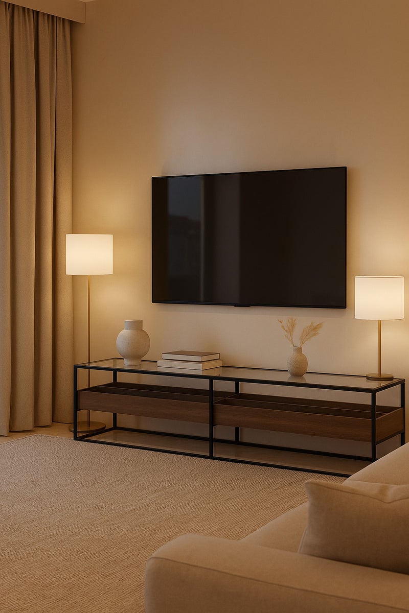 ماريا هومز طاولة تلفزيون حديثة من الجوز مع سطح زجاجي وإطار معدني أسود – 180×40×45 سم - Image 2