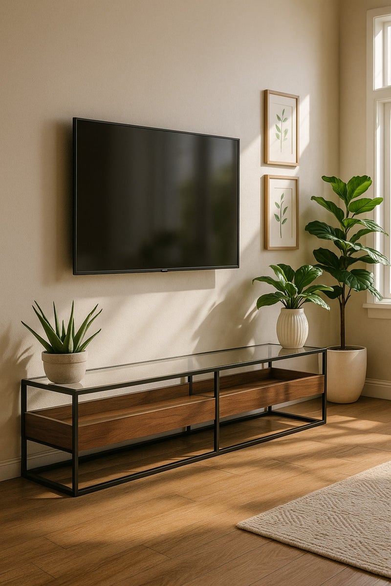 ماريا هومز طاولة تلفزيون حديثة من الجوز مع سطح زجاجي وإطار معدني أسود – 180×40×45 سم - Image 3