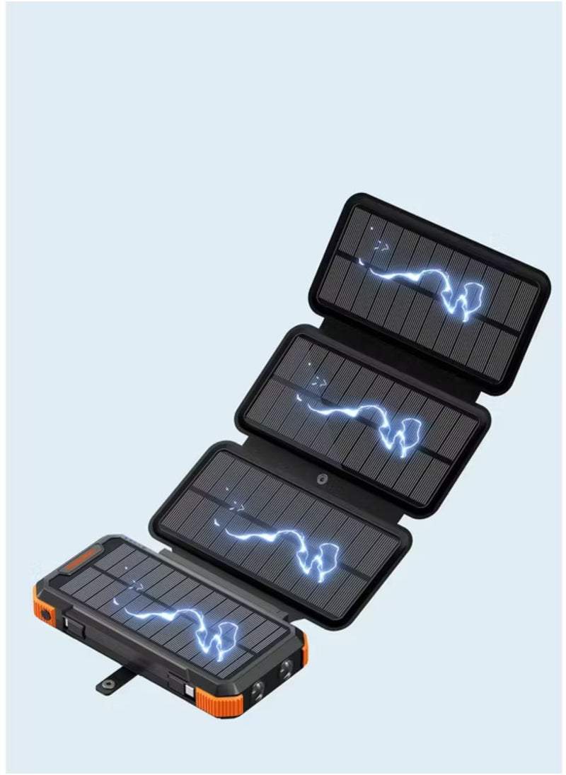 20000mAh 4-Panel Solar Power Bank with 20W Power Delivery, Multi-Mode Flashlight, 10W Micro USB Input, Detachable Panels & Cables - Black