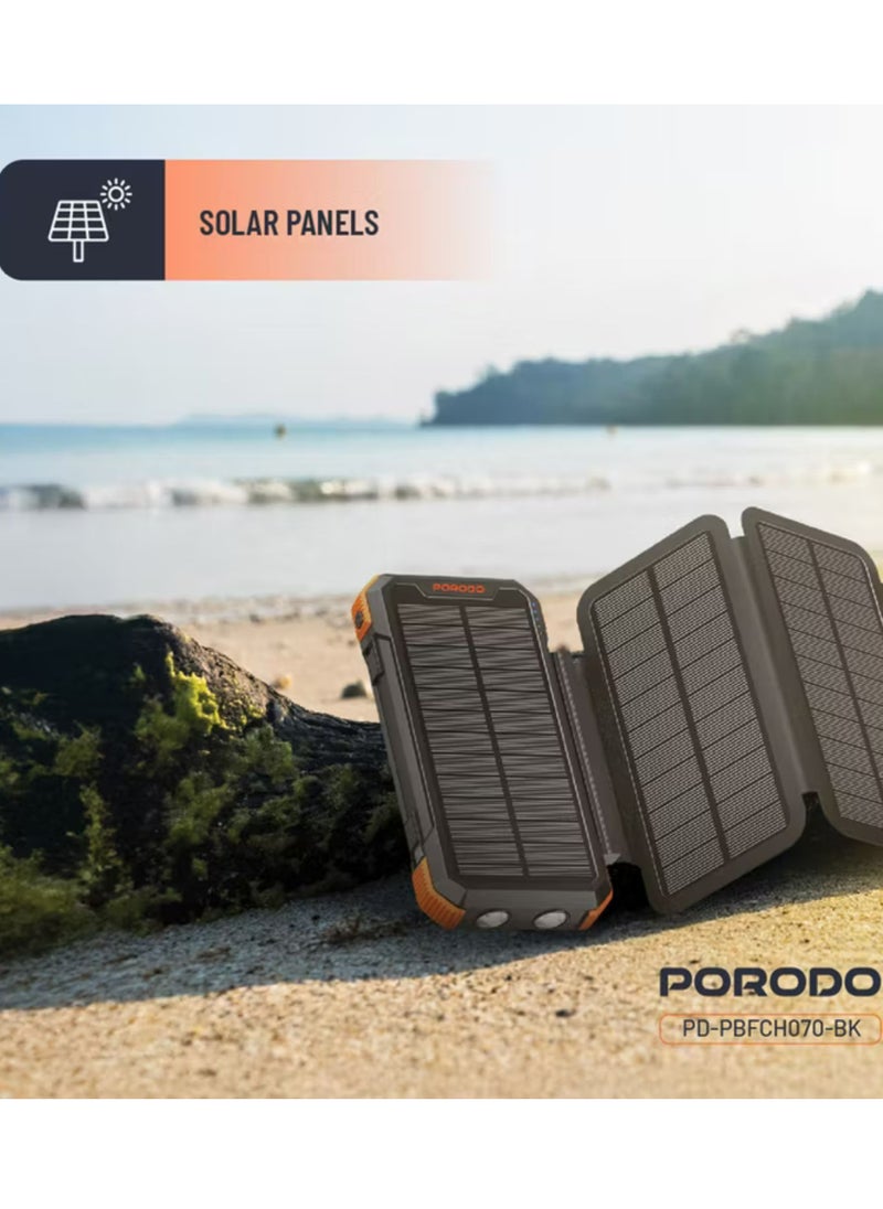 20000mAh 4-Panel Solar Power Bank with 20W Power Delivery, Multi-Mode Flashlight, 10W Micro USB Input, Detachable Panels & Cables - Black