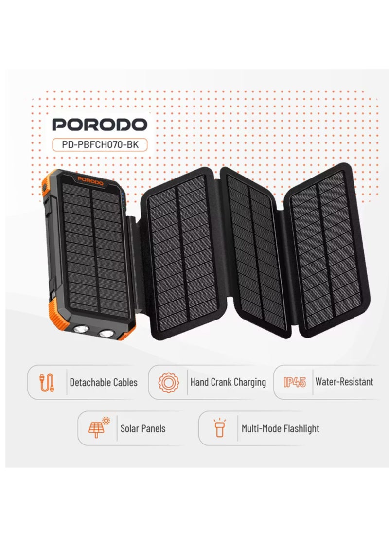 20000mAh 4-Panel Solar Power Bank with 20W Power Delivery, Multi-Mode Flashlight, 10W Micro USB Input, Detachable Panels & Cables - Black