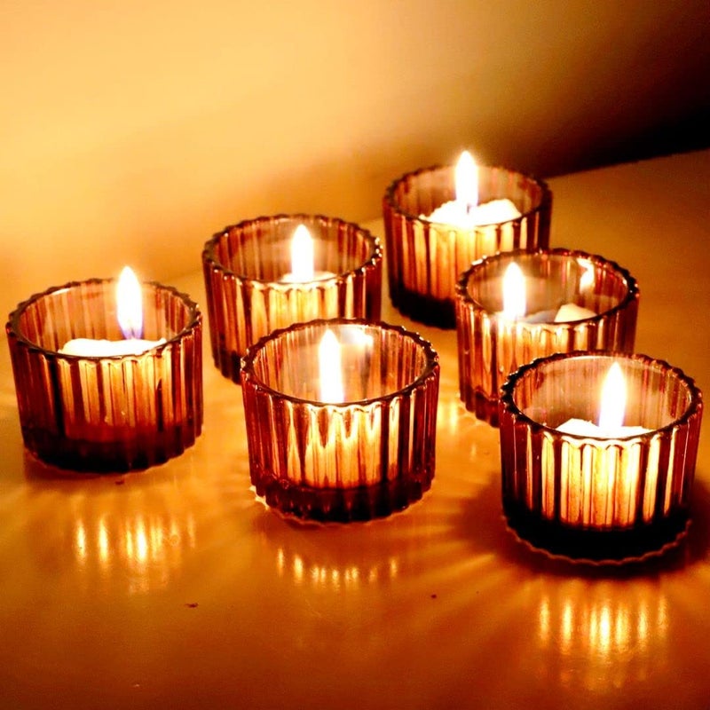 VOHO Amber Tealight Candle Holder Set of 12 2 x 14 Glass Brown Small Votive Candle Holders Home Decoration Clear Tealight Candles Holder for Table Centerpieces and Wedding Decor
