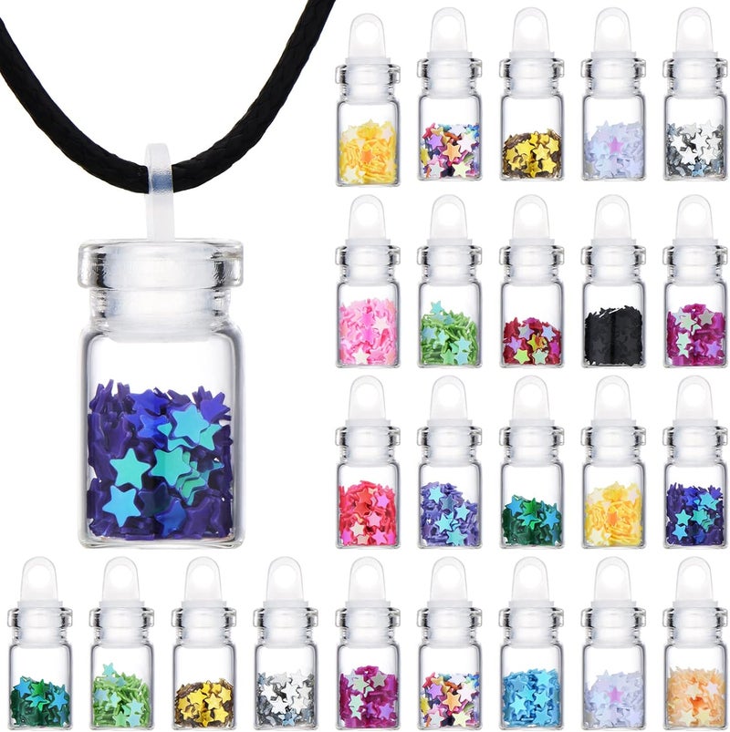 BBTO 64 Pieces Pixie Necklaces Confetti Dust Bottles Mini Glass Bottle Necklace Wish Glass Jar with Glitter for Fairy Birthday Festive Party Daily Supplies (Star) - Image 1
