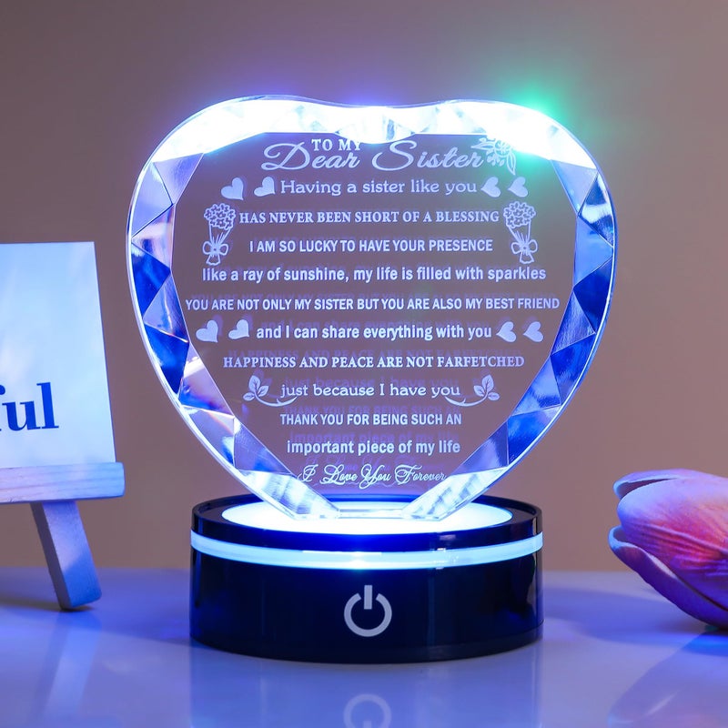 YWHL Sister Birthday Gifts with Colorful LED Base Crystal Heart to My Sister Gifts from Sisters Brother Meaningful Gift for Sisters on Christmas Valentine Day Mothers Day - Image 5