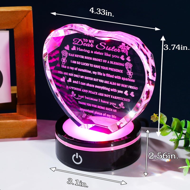 YWHL Sister Birthday Gifts with Colorful LED Base Crystal Heart to My Sister Gifts from Sisters Brother Meaningful Gift for Sisters on Christmas Valentine Day Mothers Day - Image 2