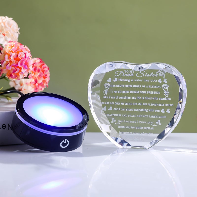 YWHL Sister Birthday Gifts with Colorful LED Base Crystal Heart to My Sister Gifts from Sisters Brother Meaningful Gift for Sisters on Christmas Valentine Day Mothers Day - Image 4
