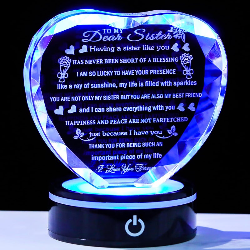 YWHL Sister Birthday Gifts with Colorful LED Base Crystal Heart to My Sister Gifts from Sisters Brother Meaningful Gift for Sisters on Christmas Valentine Day Mothers Day - Image 1