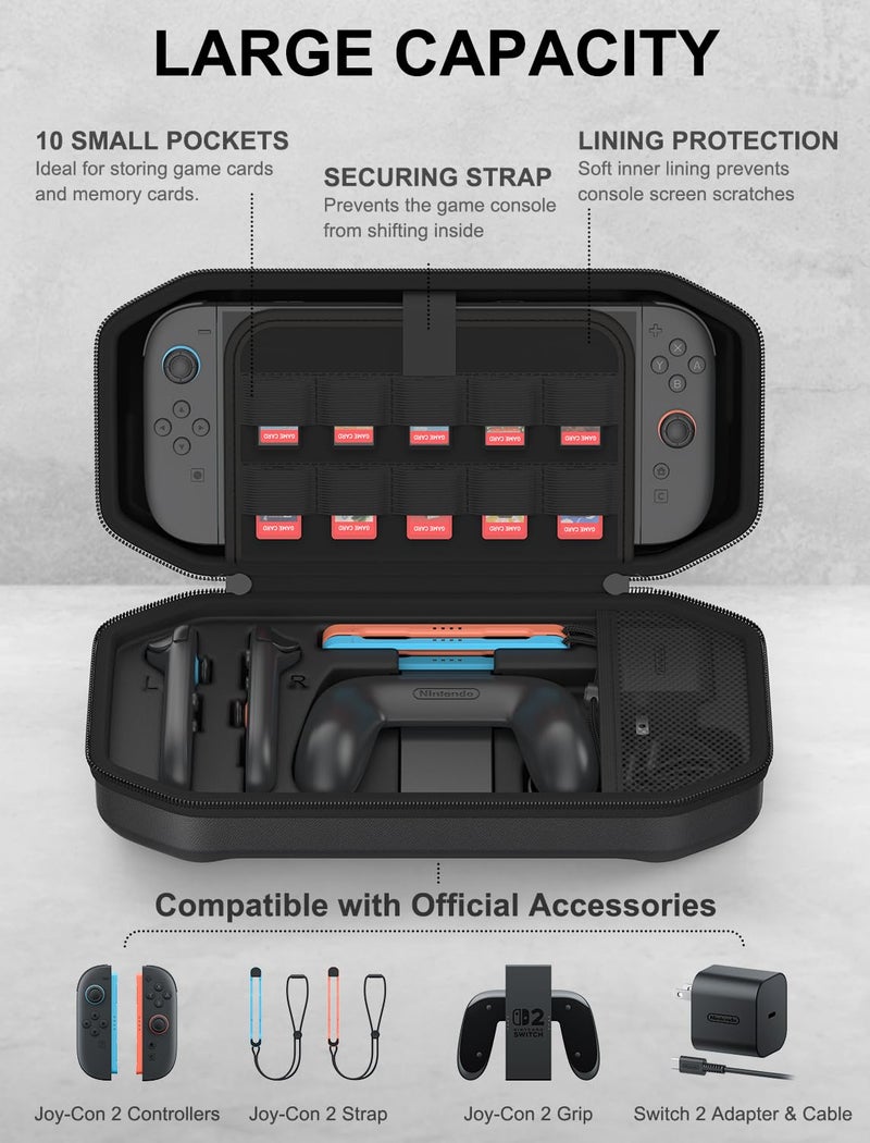 JUSPRO Carrying Case for Nintendo Switch 2, Hard Shell Travel Case with Large Storage for Console & Accessories - Image 3
