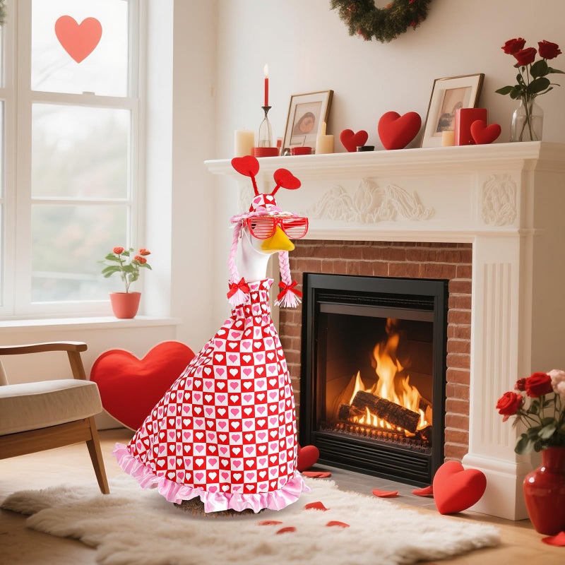 Yeyeplum Valentine's Day Porch Goose Costume Fits Large 23" H Statue Lawn Garden Romantic Red Heart Goose Outfit for Valentines Lawn Outdoor Yard Garden Outdoor Decor - Image 5