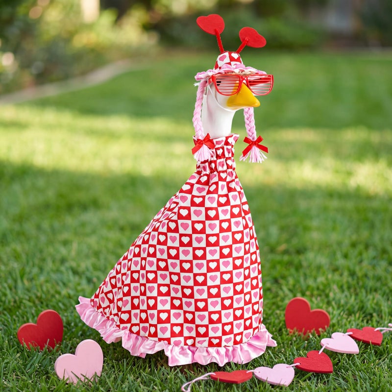 Yeyeplum Valentine's Day Porch Goose Costume Fits Large 23" H Statue Lawn Garden Romantic Red Heart Goose Outfit for Valentines Lawn Outdoor Yard Garden Outdoor Decor - Image 1