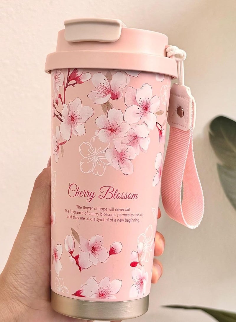 ELITZHUB Premium Stainless Steel Flower Tumbler Travel/Coffee Mug Vacuum Insulated Food Grade Leak Proof Perfect for Travel & Everyday Use Office Gym Home 12 Hours Hot Cold BPA Free 500ml Pink - Image 1