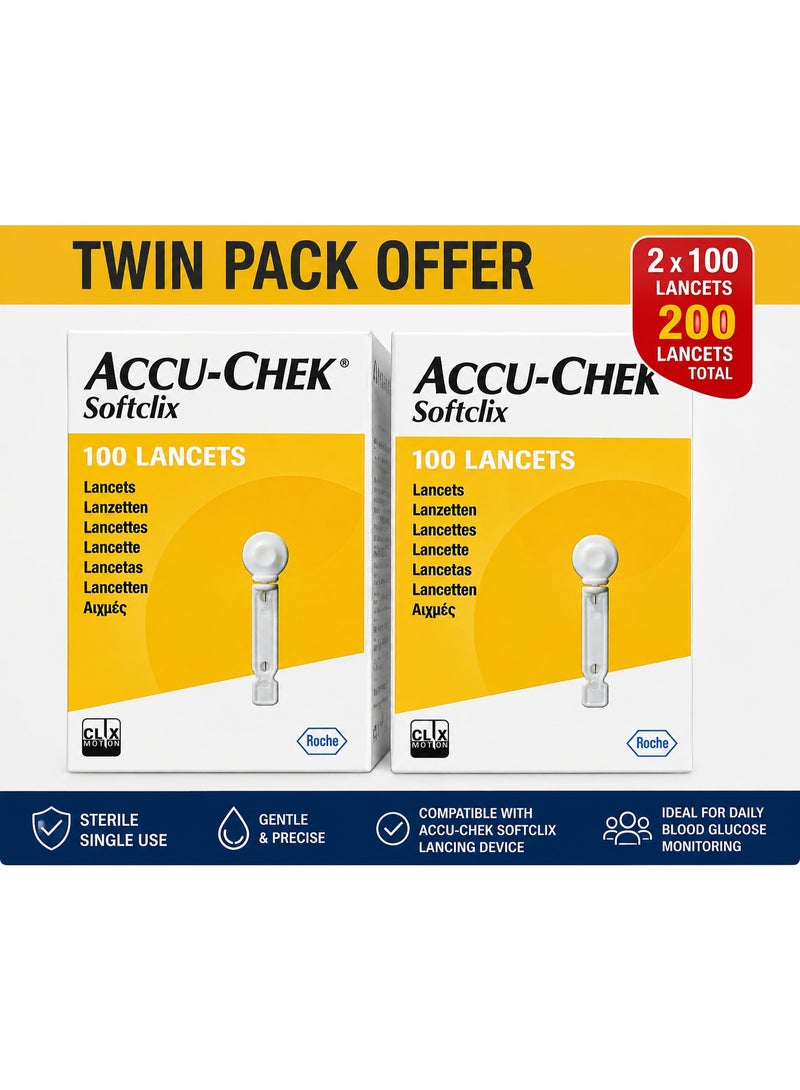 Accu-Chek Softclix Sterile Lancets Twin Pack – 2 x 100 Lancets (200 Total), Compatible with Softclix Lancing Device