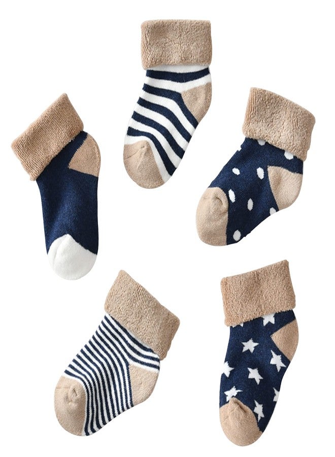 MumsLap Baby Socks for Boys and Girls | Cotton Blend Ankle Length Winter warm Socks for Newborns Toddlers | Soft Breathable Terry Socks with Sweat Absorption, 5 Pairs (Dark Blue, 0 to 12 Months) - Image 1