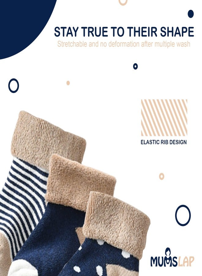 MumsLap Baby Socks for Boys and Girls | Cotton Blend Ankle Length Winter warm Socks for Newborns Toddlers | Soft Breathable Terry Socks with Sweat Absorption, 5 Pairs (Dark Blue, 0 to 12 Months) - Image 3