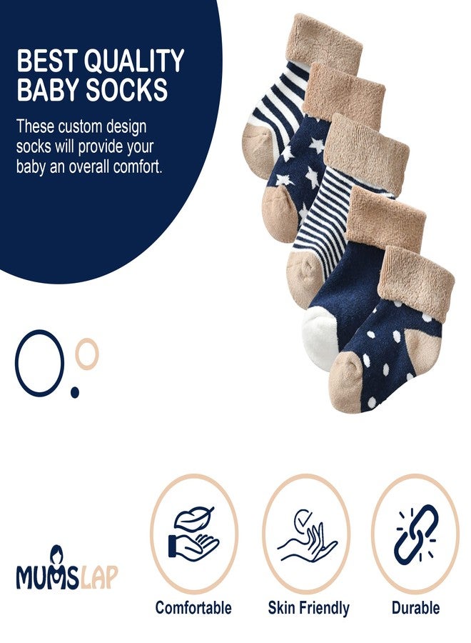 MumsLap Baby Socks for Boys and Girls | Cotton Blend Ankle Length Winter warm Socks for Newborns Toddlers | Soft Breathable Terry Socks with Sweat Absorption, 5 Pairs (Dark Blue, 0 to 12 Months) - Image 2