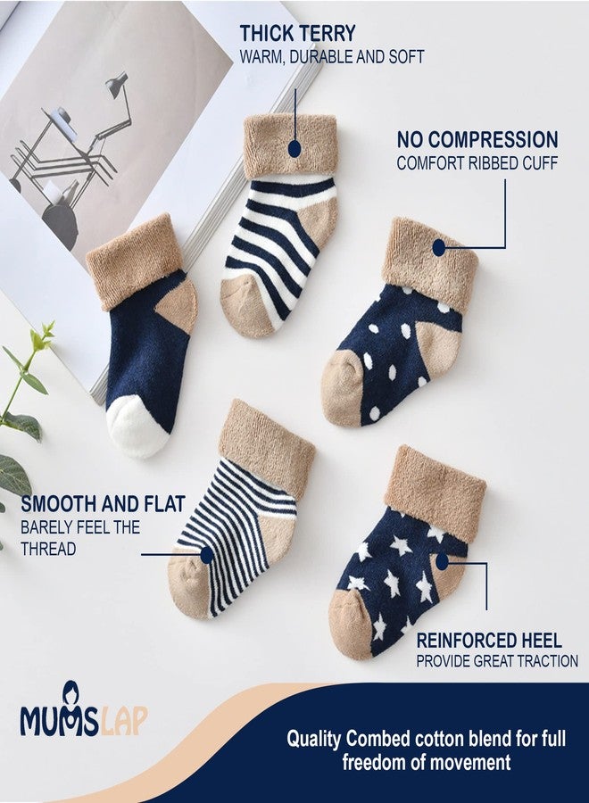 MumsLap Baby Socks for Boys and Girls | Cotton Blend Ankle Length Winter warm Socks for Newborns Toddlers | Soft Breathable Terry Socks with Sweat Absorption, 5 Pairs (Dark Blue, 0 to 12 Months) - Image 4