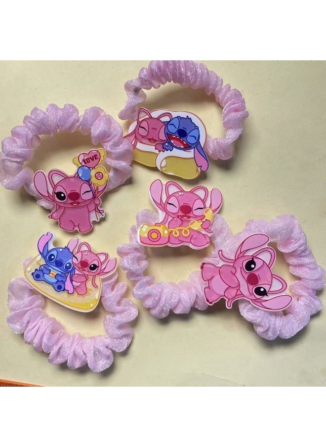 STITCH 5pcs Pink Stitch Intestine Ring Cute Cartoon Hair Ring Children's Accessories Ponytail Hairband Rubber Band Girls Hair Accessories  - Image 3