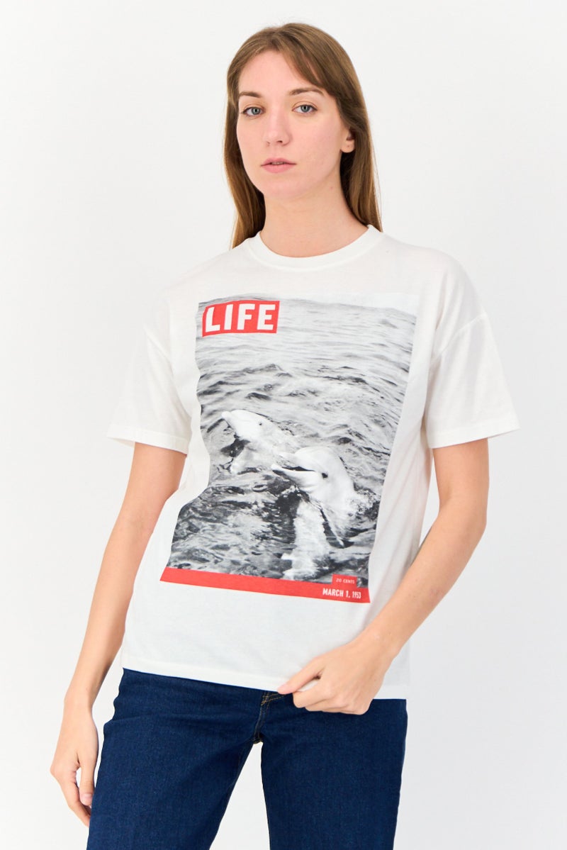 Pull & Bear Women Crew Neck Short Sleeves Graphic Print T-shirt White  - Image 1