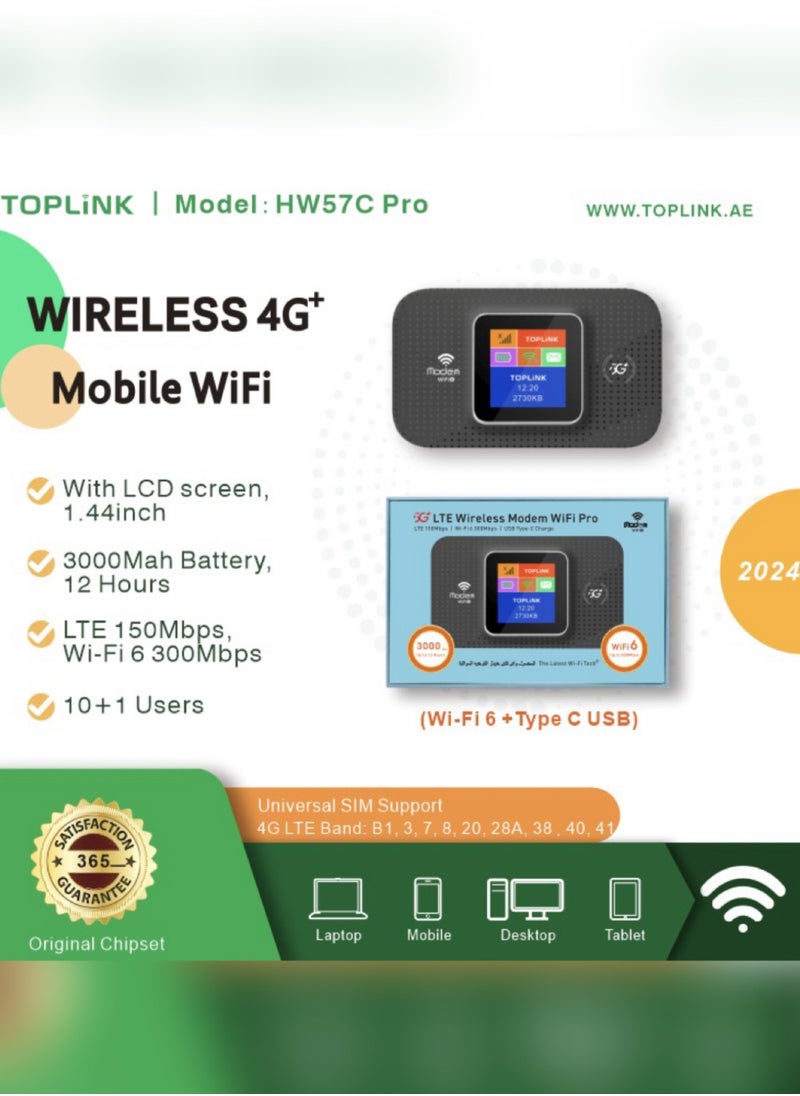 TOPLINK - HW57C Pro 4G Pocket Mobilie Wi-Fi Router With 3000mAh Battery ，LTE 150Mbps,Plug And Play, Connects Up 12 Users，Compatible With All SIM Cards - Image 1