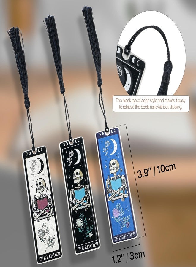WACANTIC Skeleton Tarot Metal Bookmark with Tassels - Funny Gothic Horror Bookmarks, Unique Skull Tarot Card Bookmark for Book Lovers - Perfect Gift for Women, Men, Teens on Christmas (Black) - Image 2