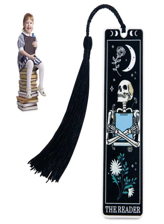 WACANTIC Skeleton Tarot Metal Bookmark with Tassels - Funny Gothic Horror Bookmarks, Unique Skull Tarot Card Bookmark for Book Lovers - Perfect Gift for Women, Men, Teens on Christmas (Black) - Image 1