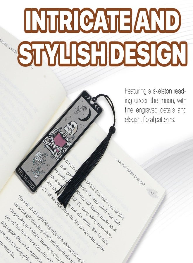 WACANTIC Skeleton Tarot Metal Bookmark with Tassels - Funny Gothic Horror Bookmarks, Unique Skull Tarot Card Bookmark for Book Lovers - Perfect Gift for Women, Men, Teens on Christmas (Black) - Image 4