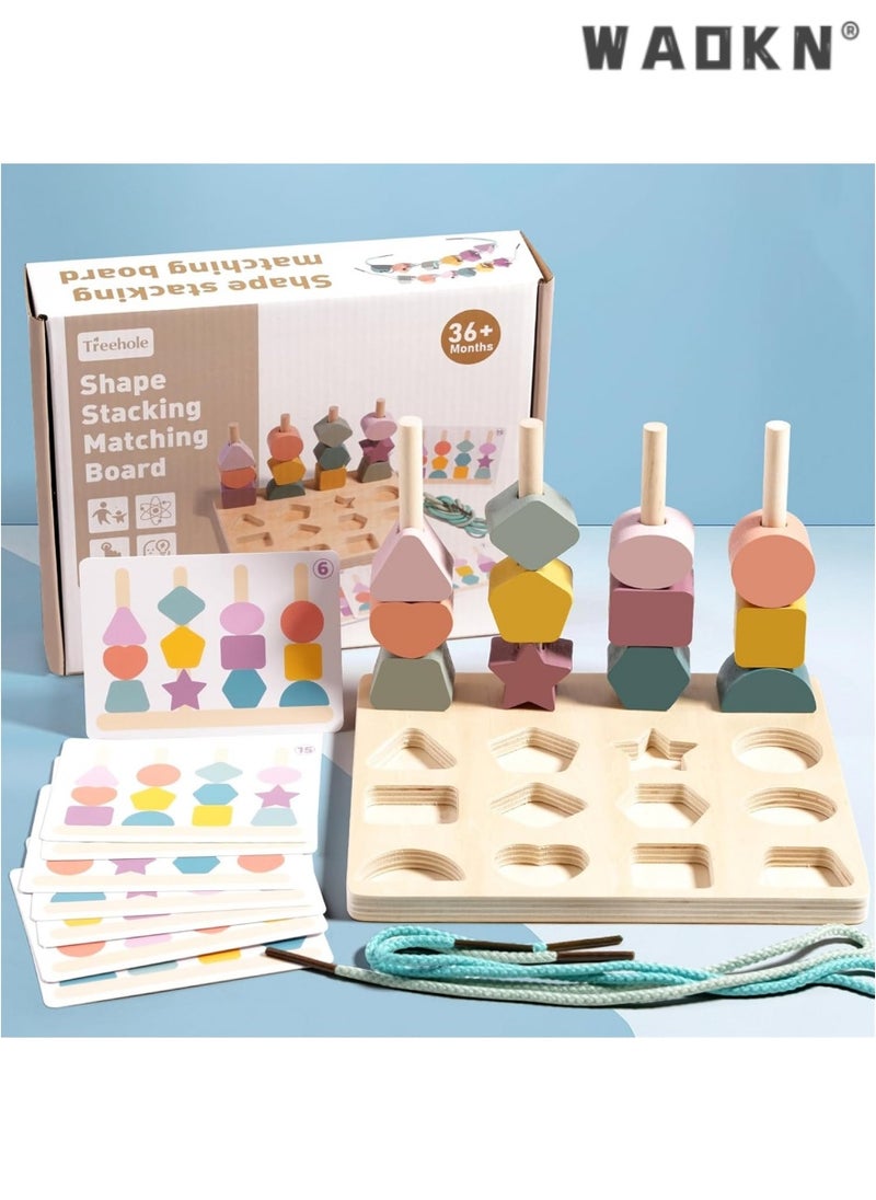 WAOKN 3 in 1 Wooden Color Sorting Stacking Toys, Montessori Wooden Beads Sequencing Toy Set, Montessori Stem Fine Motor Skills for Toddlers, Preschool Learning Montessori Toys Gifts for Kids  - Image 1