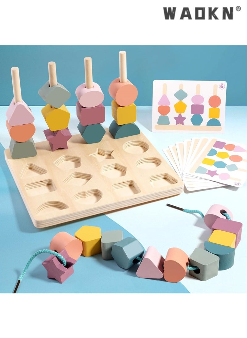 WAOKN 3 in 1 Wooden Color Sorting Stacking Toys, Montessori Wooden Beads Sequencing Toy Set, Montessori Stem Fine Motor Skills for Toddlers, Preschool Learning Montessori Toys Gifts for Kids  - Image 5