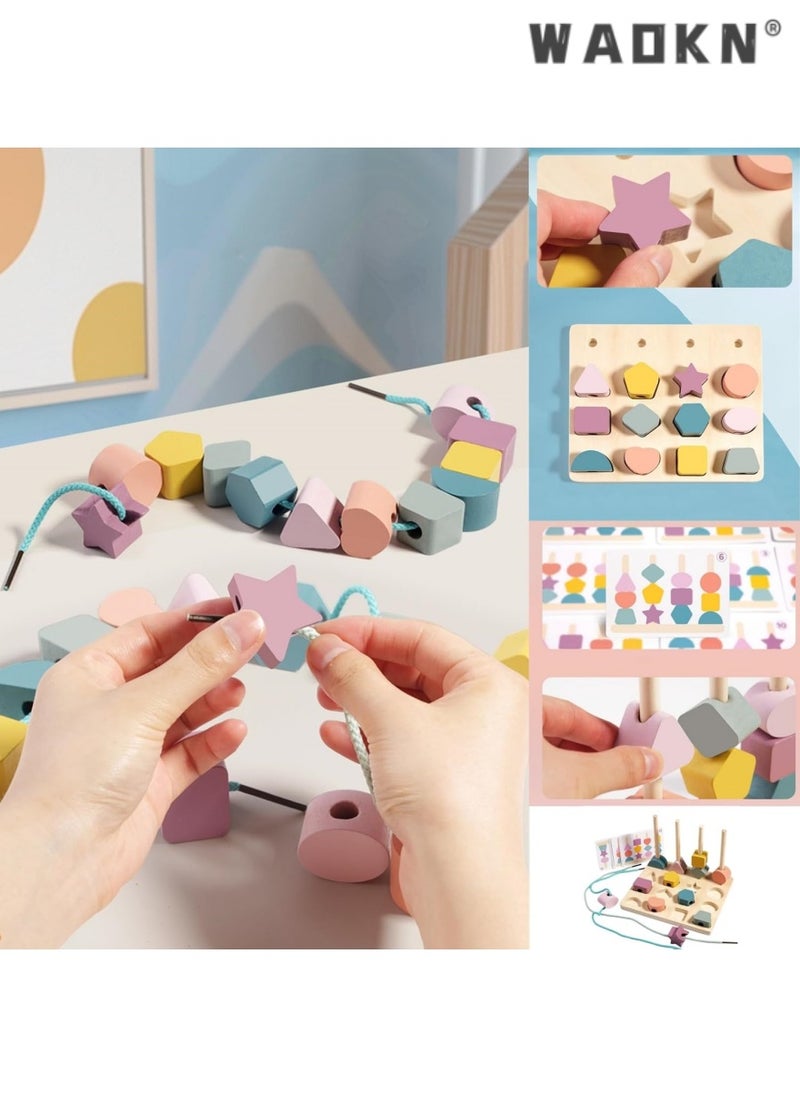 WAOKN 3 in 1 Wooden Color Sorting Stacking Toys, Montessori Wooden Beads Sequencing Toy Set, Montessori Stem Fine Motor Skills for Toddlers, Preschool Learning Montessori Toys Gifts for Kids  - Image 3