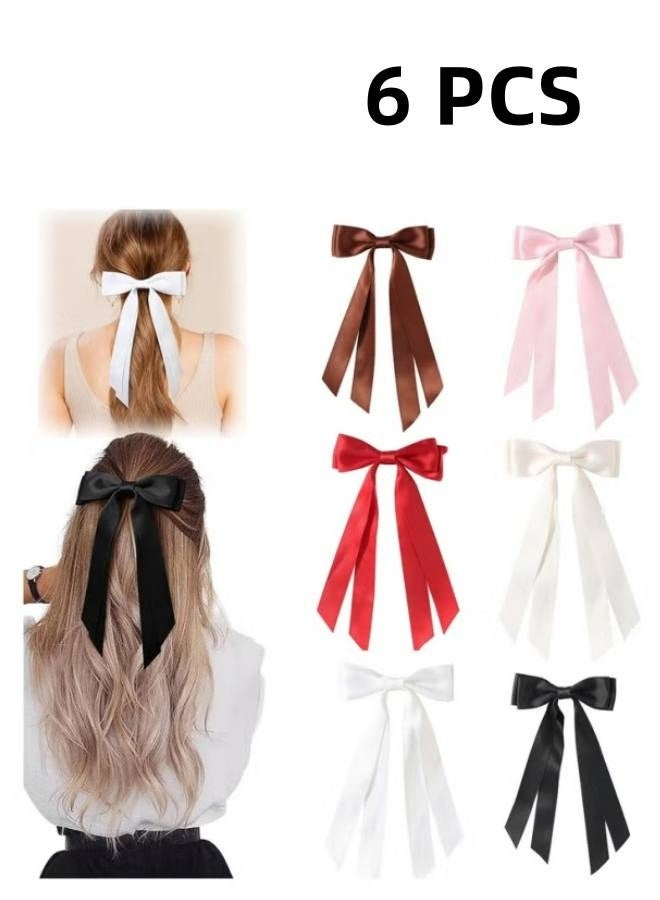 Hair Bows Ribbon, 6 Pcs Long Silky Satin Hair Bows Hair Clip for Women Girls, Bowknot Hair Clips Barrettes with Small Long Tail Solid Satin Hair Accessories - Image 1