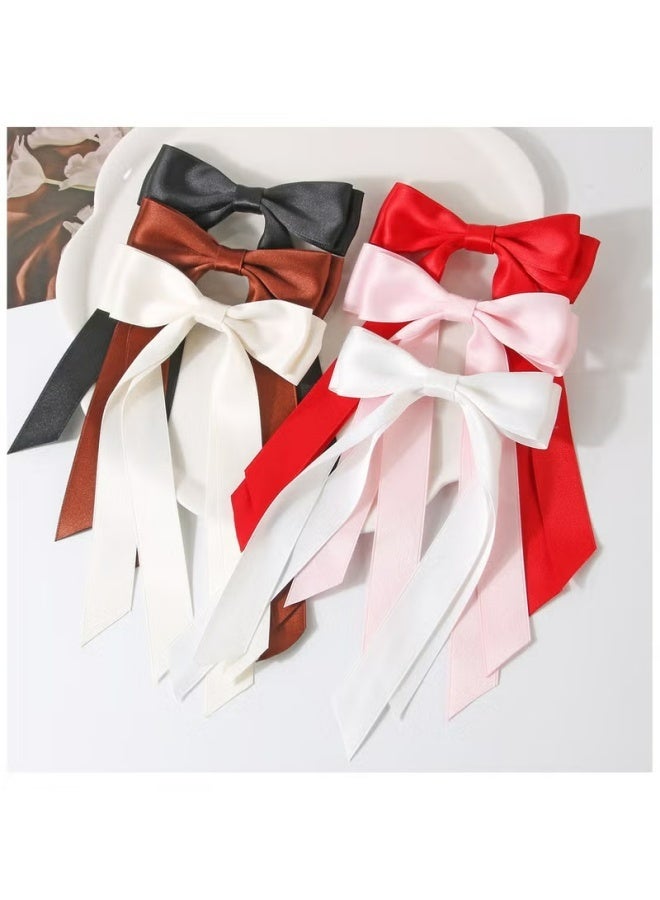 Hair Bows Ribbon, 6 Pcs Long Silky Satin Hair Bows Hair Clip for Women Girls, Bowknot Hair Clips Barrettes with Small Long Tail Solid Satin Hair Accessories - Image 2