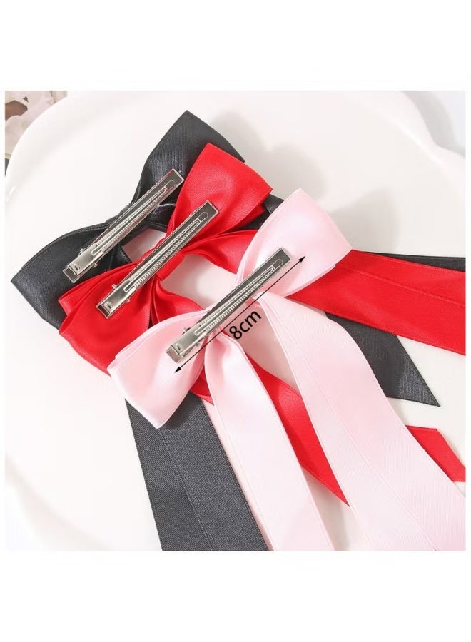 Hair Bows Ribbon, 6 Pcs Long Silky Satin Hair Bows Hair Clip for Women Girls, Bowknot Hair Clips Barrettes with Small Long Tail Solid Satin Hair Accessories - Image 3