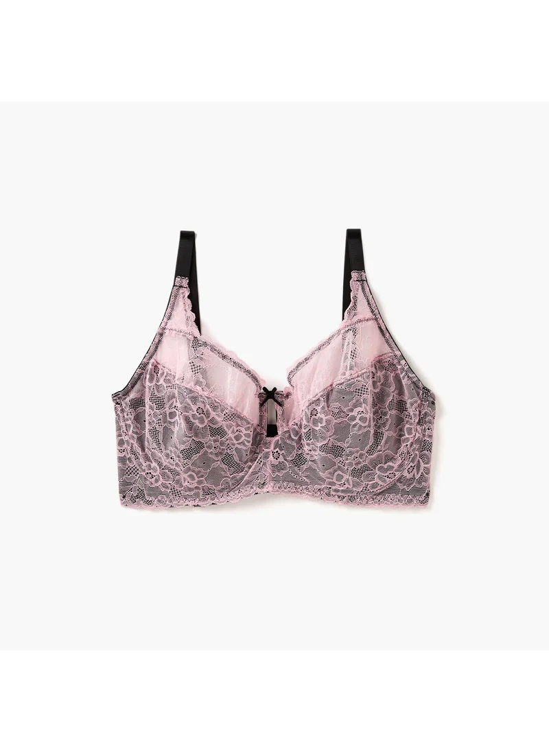 Aadaraya Aadaraya Lace Textured Balconette Bra with Hook and Eye Closure