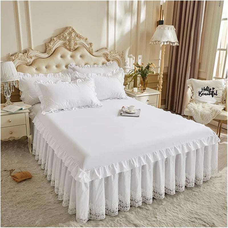 Lace Bed Skirt, Cotton Princess Bedspread, Solid Color Ruffle Bedding, Mattress Cover Sheet, 1Pc + Pillowcases 2Pc(White,180x200CM Bed 3pcs) - Image 1