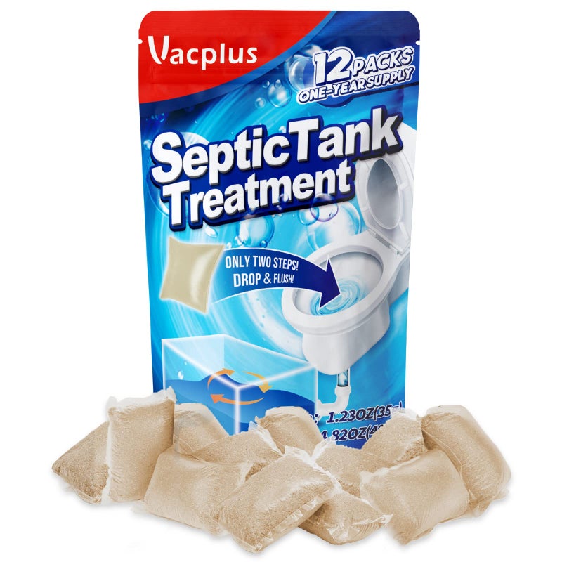Vacplus Septic Tank Treatment 12 Pcs for 1-Year Supply, Dissolvable Packs with Easy Operation, Durable Biodegradable Enzymes for Wastes, Greases & Odors, Brown, 3x Efficiency - Image 1