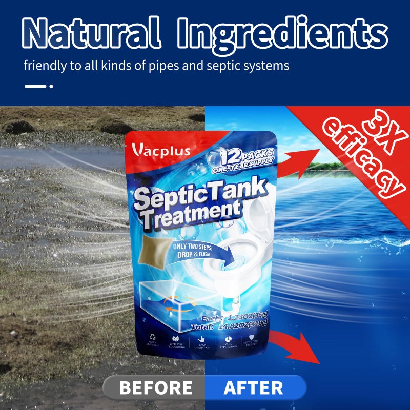 Vacplus Septic Tank Treatment 12 Pcs for 1-Year Supply, Dissolvable Packs with Easy Operation, Durable Biodegradable Enzymes for Wastes, Greases & Odors, Brown, 3x Efficiency - Image 2
