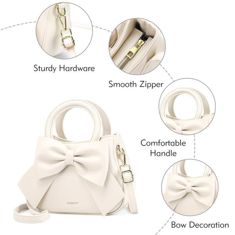 Cheruty Small Purses for Women Crossbody Bag, Vegan Leather Crossbody Purses and Handbags with Top Carry Handle and Cute Bow Knot(Beige) - Image 5