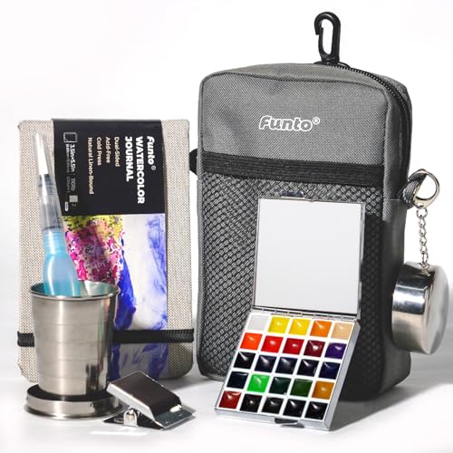 Funto Mini Watercolor Paint Set AllinOne 24Color Travel Paint Kit with Crossbody Bag Watercolor Journal Paint Water Cup Pocket Set for Artists - Image 1