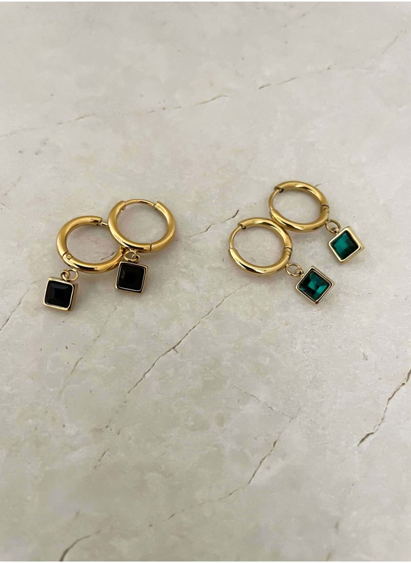 Clé de Lune - Square Stone Huggies Earrings- Black - Image 1