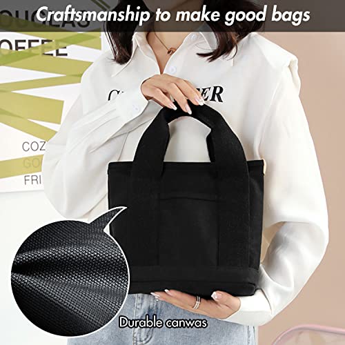 MINGRI Small Canvas Tote Bag for Women,Mini Totes Bags with Pockets, Cute Bible Handbag with Zipper Travel Top Handle Purse with Compartments Satchel Handbags for Work,Shopping,Beach,no Long Strap,Black - Image 3