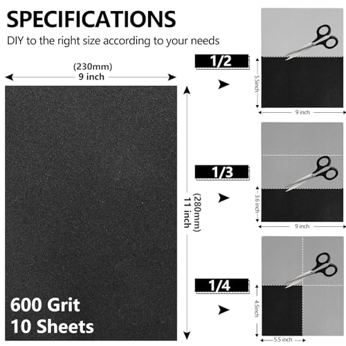 Shineboc 600 Grit Sandpaper, 9 x 11 Inch Wet Dry Sand Paper Hand Abrasive Sanding Sheets for Wood Metal Automotive Sanding and Polishing - 10 Sheets - Image 2