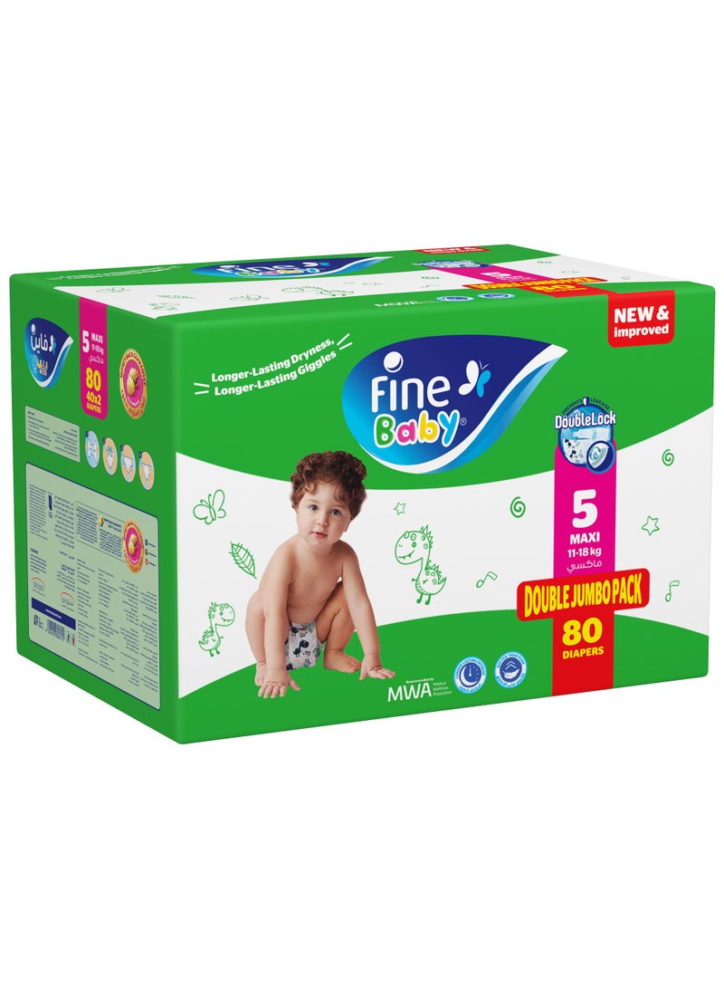 Fine Baby حفاضات أطفال قفل مزدوج حجم 5 ماكسي 11-18 كجم 80 قطعة - Image 1