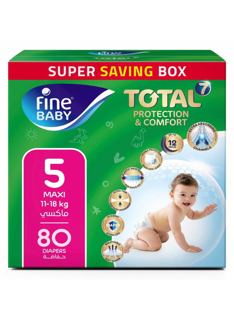 Fine Baby Total 7 Diapers, Size 5 Maxi 11-18kg, 80 Count. Superior Protection & Comfort, Extra Absorbent, Improved Formula - Image 1