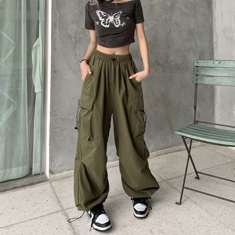American retro workwear casual pants womens summer versatile straight draping ankle-tied trousers loose wide-leg pants ins Army Green - Image 3