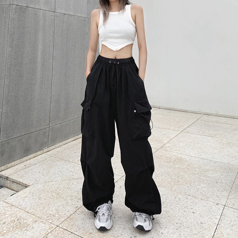 American retro workwear casual pants womens summer versatile straight draping ankle-tied trousers loose wide-leg pants ins Army Green - Image 2