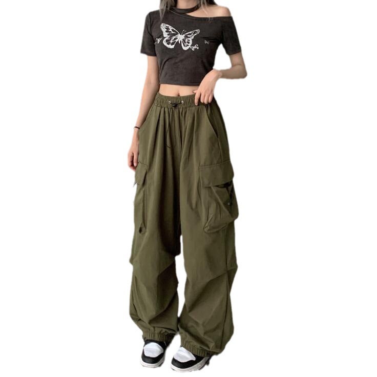 American retro workwear casual pants womens summer versatile straight draping ankle-tied trousers loose wide-leg pants ins Army Green - Image 5